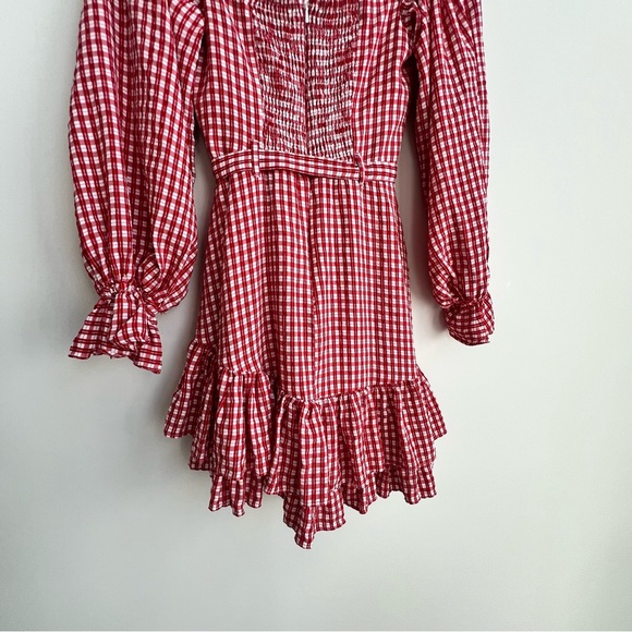 Anthro Maeve Bare Red Gingham Off Shoulder Frill Ruffled Mini Dress picnic girl - Picture 15 of 16